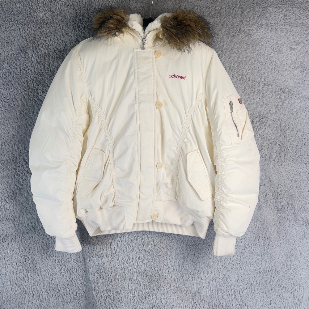 Vintage Y2K Ecko Red Puffer Jacket Womens XL Cream Faux Fur Hood Bomber Coat